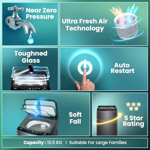 Image of Haier 10.5 Kg, 5 star Ultra Fresh Air, Oceanus Wave Drum 15 Min Quick Wash Fully Automatic Top Load Washing Machine, Dark Jade Silver (ETL105-CAFS8)