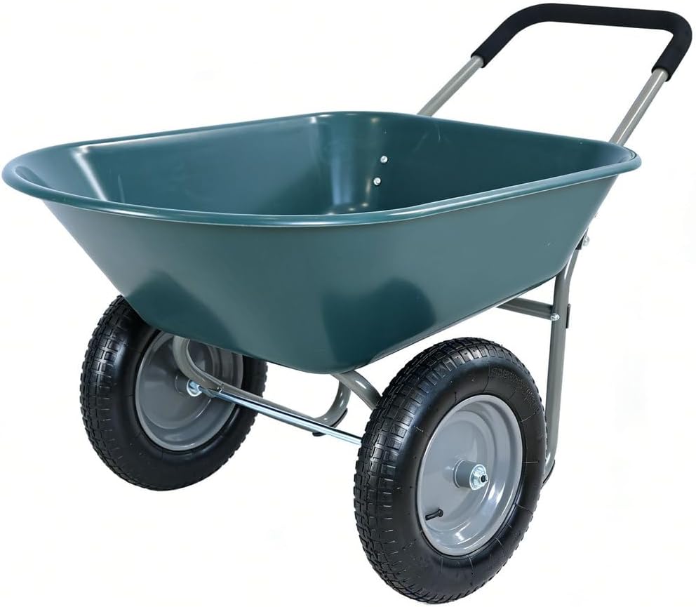 Dual Wheel Wheelbarrow 300LB Capacity, 5 Cu.Ft. Garden Cart with 15" Pneumatic Tires, Heavy Duty Yard Wheelbarrow with Loop Handle & Stand for Lawn, Landscaping, Construction, Green