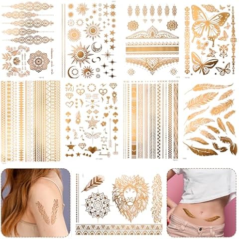 Oruola 9Sheets Gold Temporary Tattoos,110+ Designs Tattoos,Flash Gold Tattoos Temporary Women Adult,Lion Sun Moon Star Glitter Tattoo for Festival Vacation Makeup Rave,Waterproof, Realistic Last Long Cover