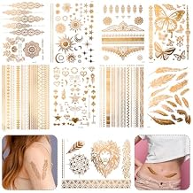 Oruola 9 Sheets Gold Temporary Tattoos,110+ Designs Metallic Tattoo,Flash Gold Tattoos Temporary Women Adult,Lion Sun Moon Star Tattoo for Festival Vacation Makeup Rave,Waterproof,Realistic Last Long