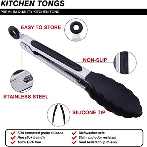 Pubiao Kitchen Tongs 7 inch Non-Slip Silicone Stainless Steel Handle Heat Resistant for BBQ, Serving, Frying, and Cooking