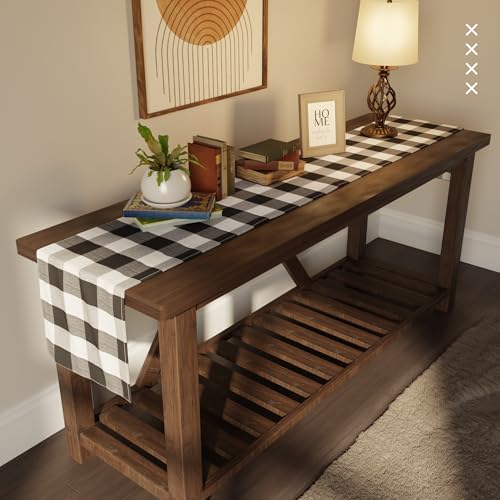 Image of Encasa XO Cotton Table Runner for 4 to 6 Seater | Size 13x72 in | Buffalo Black Checks - Machine Washable & Durable