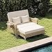 COSTWAY Polyrattan Sonnenliege, Gartenliege mit Verstellbarer Rückenlehne & ausklappbarem Seitenablage, Loungebett, Doppelliege mit Auflage, Gartensofa mit Hocker für Garten, Balkon (Beige)
