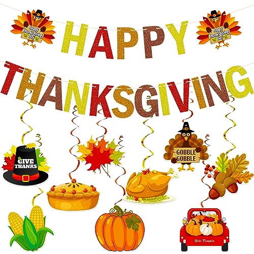 Bannière Happy Thanksgiving pailletée et suspensions pour une ambiance chaleureuse en famille