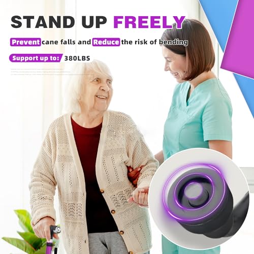 BeneCane Quad Cane Walking Cane with Two Led Lights with Big Base T Handle&Lightweight Adjustable Walking Stick Four Pronged Sturdy for Men and Women(Purple)