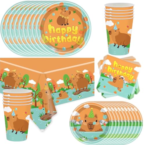 51 peças Conjunto de louça para festa infantil, Capybara, desenhos animados louça de festa, com conjunto de papel pratos, toalhas de mesa Capybara, acessórios de louça para festas infantis