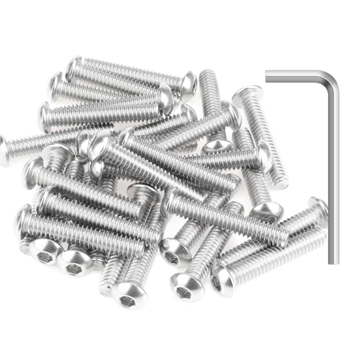 Image of 30 Pieces 1 /4-20 x 1-3 /8 inch Button Head Socket Cap Screws Bolts, HELIFOUNER 304 Stainless Steel (18-8) Screws, Bright Finish, Fully Threaded