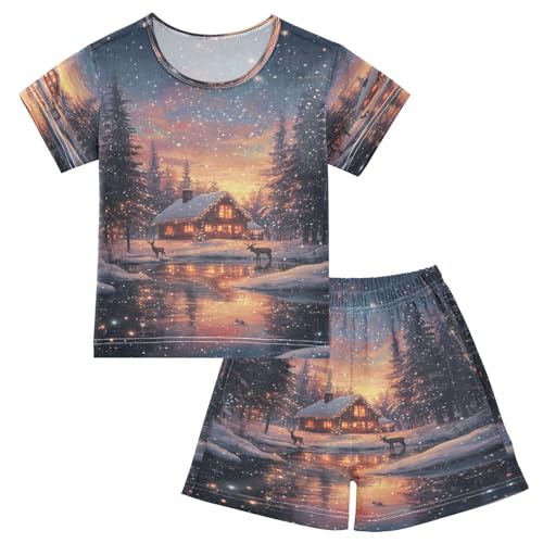 ALAZA Christmas Scene Snowflake Landscape Pajamas Set Short Sleeve Cotton Sleepwear Summer Pjs 2 Piece 5-14Y