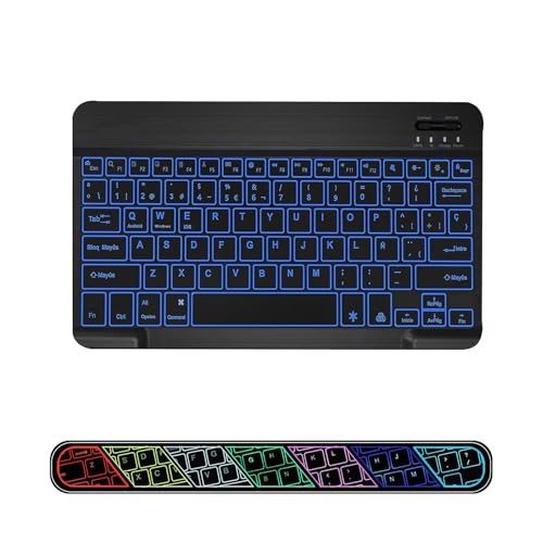 COEZFE Teclado Bluetooth Inalámbrico Retroiluminado, 10” Universal Recargable QWERTY Español Ñ para Tablets, Pequeño Teclado Inalámbrico para iPad/Samsung/Xiaomi/Honor/Huawei Tablet, Retroiluminado