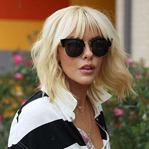 AISI QUEENS Short Curly Bob Wig with Bangs Wavy Blonde Synthetic Wig for Women Shoulder Length Wigs Heat Resistant for Daily Party Cosplay Use