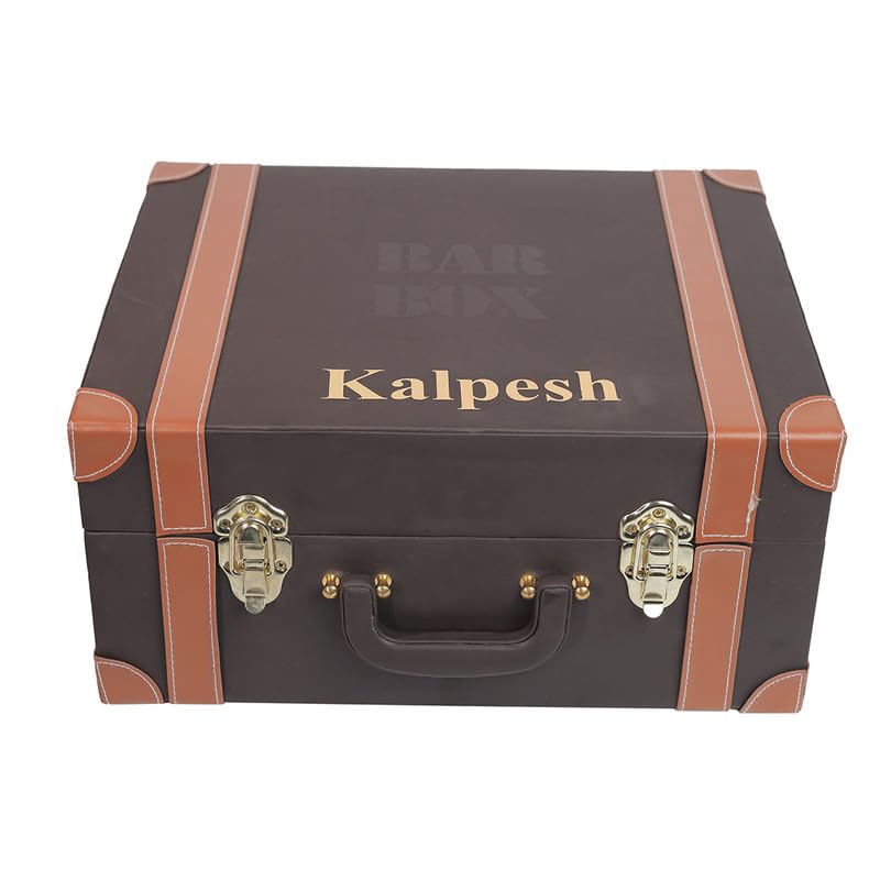Image of Bar Box Portable Bar Set with 3 Whiskey Glasses, Cocktail Shaker Set, and Bar Tools - Brown Leatherette Bar Kit with Stainless Steel Accessories for Home - Perfect Bar Setup & Decor