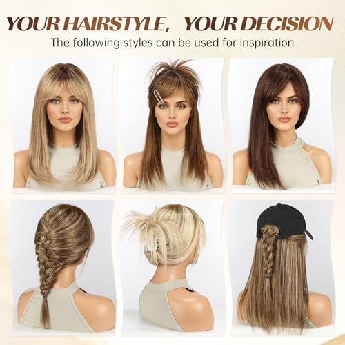 Image of KKU 16 Inch Brown Mixed Blonde Human Hair Wigs for Women, Straight Human Hair Wig with Bangs,Remy Human Hair Wigs,Daily Wig