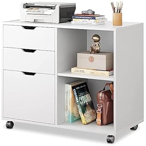 DEVAISE 3 Drawer Wood File Cabinet Mobile Lateral Filing Cabinet Printer Stand with Open Storage Shelves for Home Office White