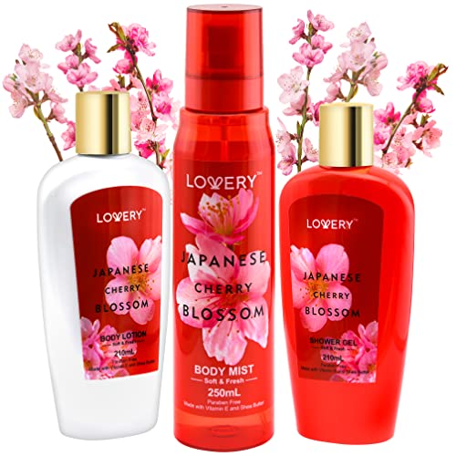 Bath and Body Gift Set for Women - Japanese Cherry Blossom Home Spa Set with Natural Extract, Vitamin E & Shea Butter with Shower Gel, Body Lotion, Body Mist - Personal Care Kit, Body Travel Set