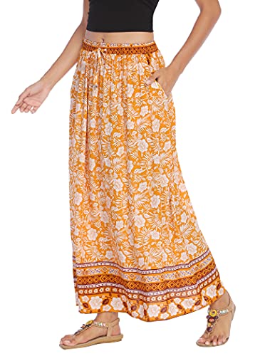Parabler Rock Damen Maxirock Boho Sommerrock Plissee Retro Langer Faltenrock Strandrock Elastische Taille Tanzrock Maxi Tellerrock Gelb XL Cover