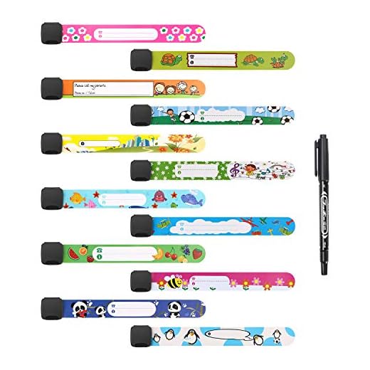 Vicloon Pulsera Identificativa Niños +Marcador, 12 Piezas Pulsera Seguridad Anti perdida Pulsera de Emergencia Impermeable Reutilizable para Niños Niñas Bebé