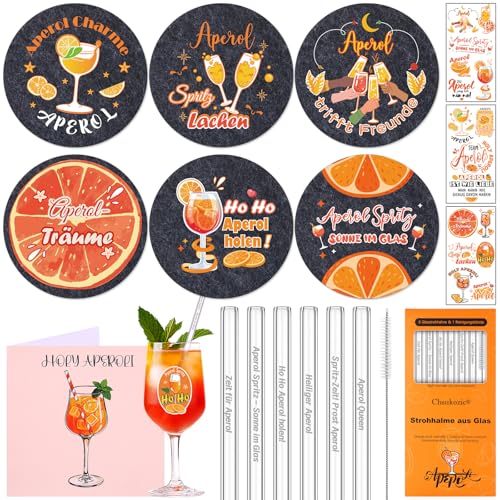 Chsukozic Aperol Spray Gift Set, Including Felt Coasters and Straws, Glass Stickers, Cards, Merch, and Glasses for Women, Men, Party Decoration