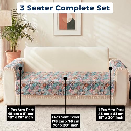 Image of Story@Home Quilted Anti Slip Sofa Cover Mat with 2 Armrest Cover, 3 Seater Velvet Sofa Protector with Tassels | Sofa Cover Mat for 1 /2 /3 Seater & L-Shape Sofa - 76 x 178 Cm - Multi Color