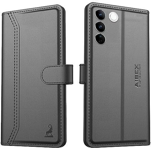 Image of AIBEX Compatible for Vivo V27 / Vivo V27 Pro Flip Cover Leather Finish | Inside TPU with Card Pockets | Wallet Stand | Complete Protection Flip Case - Black