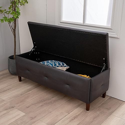 Panana Upholstered Black Faux Leather Rectangular Storage Ottoman and Entryway Bench, 115 x 45 x 45 cm