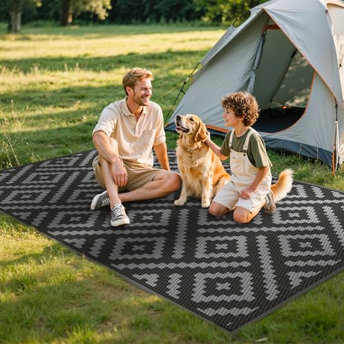 GENIMO Outdoor Teppich Wendbar – Wetterfest, UV-Beständig, Wasserdicht – Für Terrasse, Balkon, Garten, Camping, Picknick – Schwarz-Grau – Größe: 8x10ft