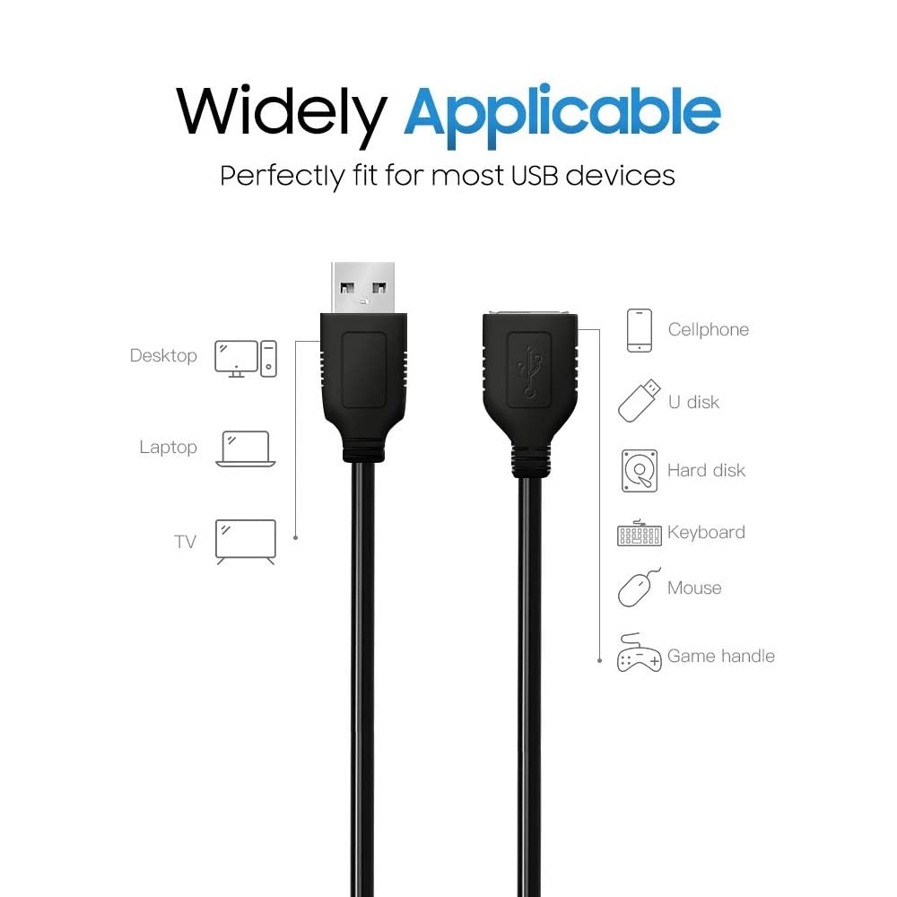 Cmple - Cable de extensión USB a USB de alta velocidad - Cable extensor flexible - Un cable adaptador macho a hembra - Cable de extensión USB 2.0 - 3 pies negro