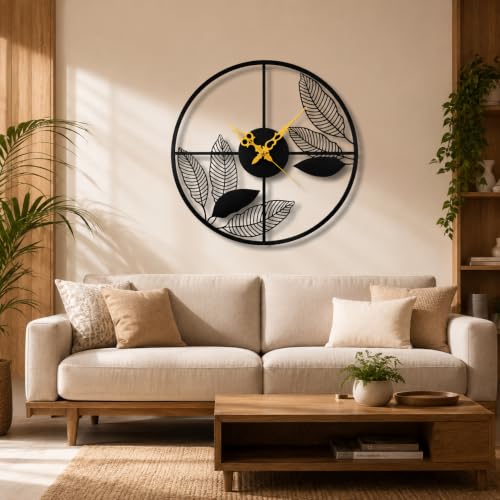 Image of 40 cm Leaf Metal Wall Clock, Black | Silent Non-Ticking, Skeleton Design, Modern Iron Analog, For Living Room, Bedroom, Hall, Office & Home Decor