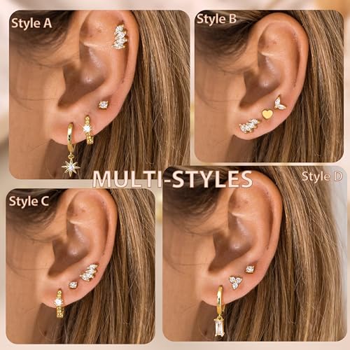 Florideco 8 Pairs Flat Back Earrings for Women Hypoallergenic Surgical Stainless Steel Flatback Studs Dainty Hoop Earring Stacks Small Gold Cartilage Earring Sets for Multiple Piercing2