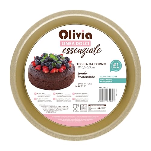 Olivia Teglia da Forno Tonda Ø16,6 cm x H 5,3 cm con Fondo Removibile – Acciaio al Carbonio, Rivestimento Antiaderente, Linea Dolci Essenziale, fino a 220°C