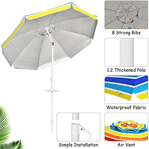 COSTWAY 2m/2.2m Beach Umbrella, UPF50+ Sun Protection Parasol with Carrying Bag and Tilting Function, Outdoor Garden Patio Waterproof Sunshade Shelter (2M, Rainbow)