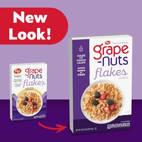 Image of Grape Nuts Flakes Cereal, Low Fat, 18 oz Box | Crispy Whole Wheat and Barley Cereal, Great for Yogurts, Parfaits, and Homemade Snacks
