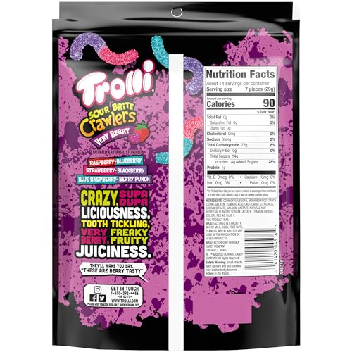 Image of Trolli Sour Brite Crawlers Candy, Very Berry Flavored Sour Gummy Worms, 14 Ounce Bag