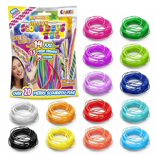 CRAZE SCOUBIDOU Bänder Set XXL – 14 Silikon Scooby Doo Bänder in 14 Farben – Skubidubänder Bastelset für Kinder, kreativ & bunt, ideal für Kindergeburtstag & Geschenke