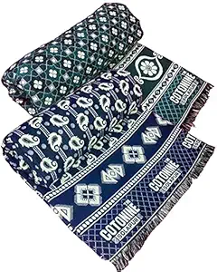 Cotonine Cotton Single Size, Daily use Solapur Chaddar Blanket, Green and Blue Pack of 2, skinfriendly