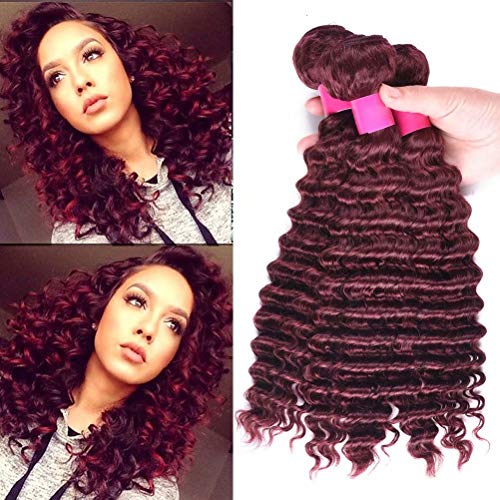 FEEL ME Burgundy Deep Wave Brazilian Hair Weave 3 Bundles 12 14 16 Inch 99J Red Wine Deep Curly Human Hair Bundles 10A Unprocessed Virgin Hair Extensions