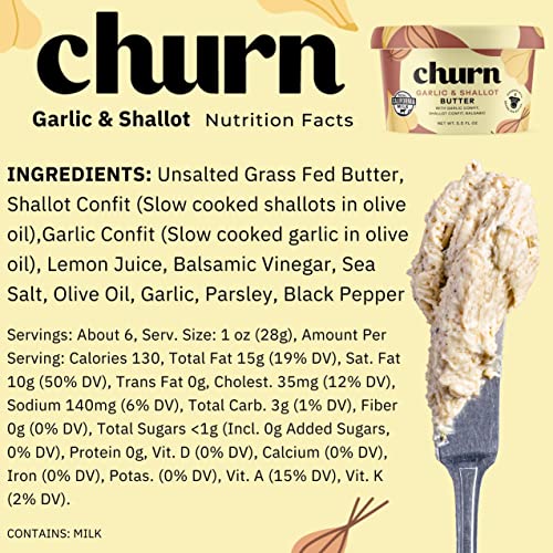 Churn Garlic & Shallot Butter, Flavored Butter Churned With Organic Grass Fed Butter (5.5Oz, Pack Of 3) - Non-Gmo, Hormone-Free, Compound And Finishing Butter #TOP5