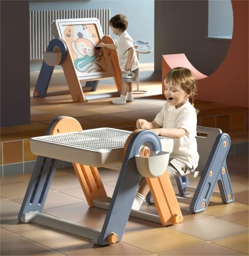 Ma(r)ke(t) Mesa Infantil para niños, Juego de Bloques, Pizarra, Mesa Actividades Multifuncional, Set de construcción, Regalo
