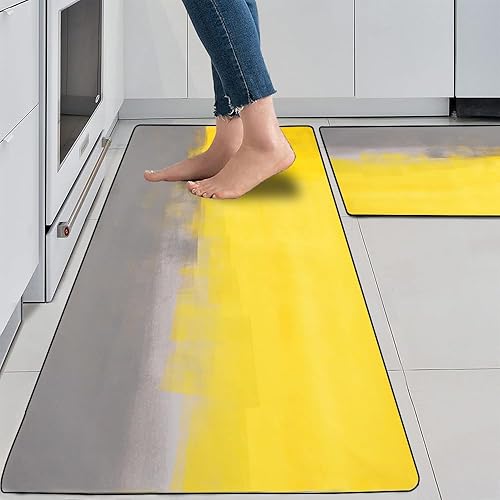 Miniatura 1 de Jesmacti Alfombras y tapetes de cocina, lavables, amarillos y grises, impresión de arte abstracto, antideslizantes, 17 x 48 pulgadas + 17 x 24