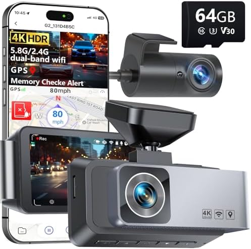 Dash Cam Front and Rear, 4K Full HD 2 channel Dash Camera for Cars, Built-in Memory Card Monitoring, 64GB Card, 5G WiFi GPS, Car Camera with 3