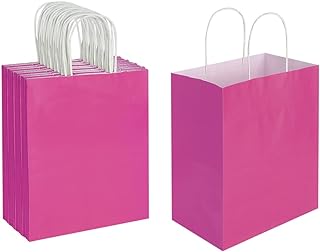 Oikss 50 Pack 8x4.75x10 Inch Medium Hot Pink Kraft Paper Bags with Handles Bulk for Birthday Wedding Party Favors Grocery Retail Shopping Business Goody Craft Gift Bags Sacks (Fuchsia 50pcs Count)