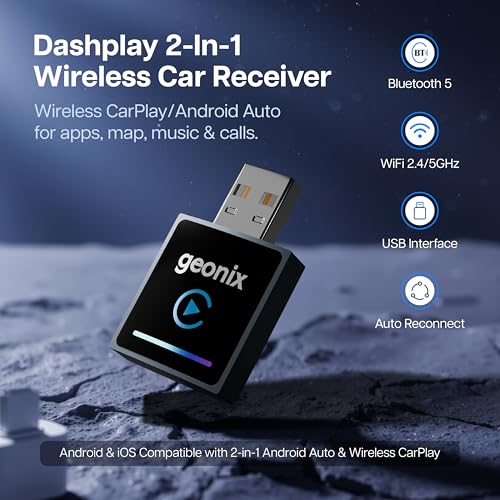 Image of Geonix DashPlay 2-in-1 Wireless Car Receiver for Android Auto & Apple CarPlay, Converts Wired to Wireless, Bluetooth Plug & Play Receiver - Compatible with OEM Factory-Fitted Wired Systems (Black)