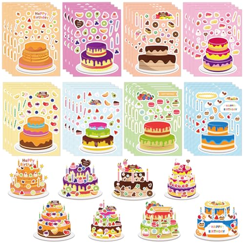 32 Sheets Make Your Own Birthday Cake Stickers Creative Fun Happy Birthday Cake Game Sticker Kits for Kids Birthday Party Favors DIY Art Crafts Supplies