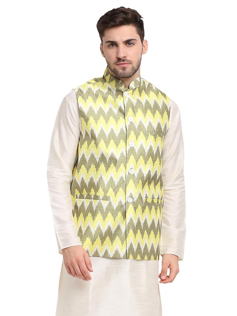 jompers Men's Olive Green & White Printed Nehru Jacket-picture-38