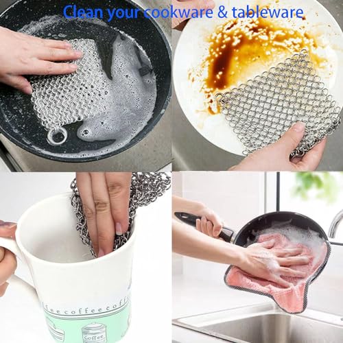 Image of Cast Iron Cleaner Stainless Steel Chainmail Scrubber Cast Iron Skillet Cleaner for Cast Iron Pan, Griddle Pans, BBQ Grills, Dutch Ovens and More Pot Cookware, with Dishcloth (8x8 Inch)