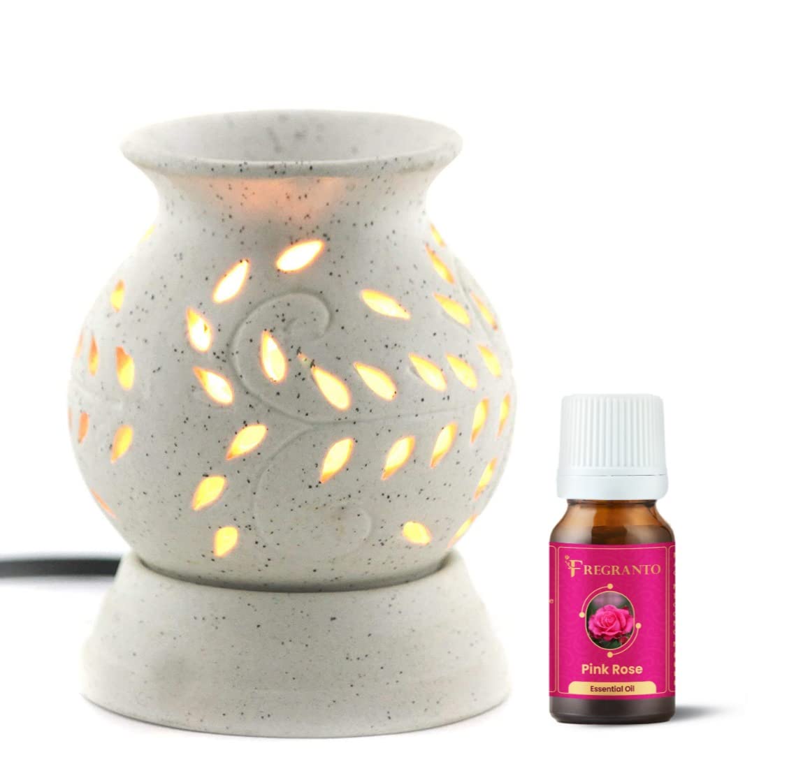 Fregranto Electric Aroma Oil Diffuser Ceramic Essential Oil Burner with Rose Essential Oil for Home Fragrance (Diffuser with Rose)