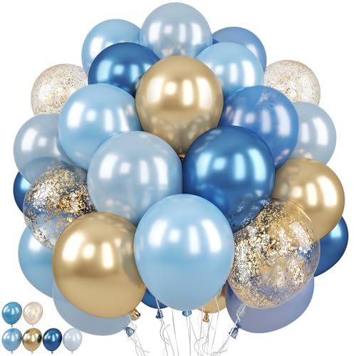 Image of Blue and Gold Balloon, 50 Packs 12 Inch Metallic Blue Pearl Double Stuffed Blue Balloons with Gold Confetti Ballons for Birthday Party Decorations Wedding Bridal Shower Baby Shower Graduate