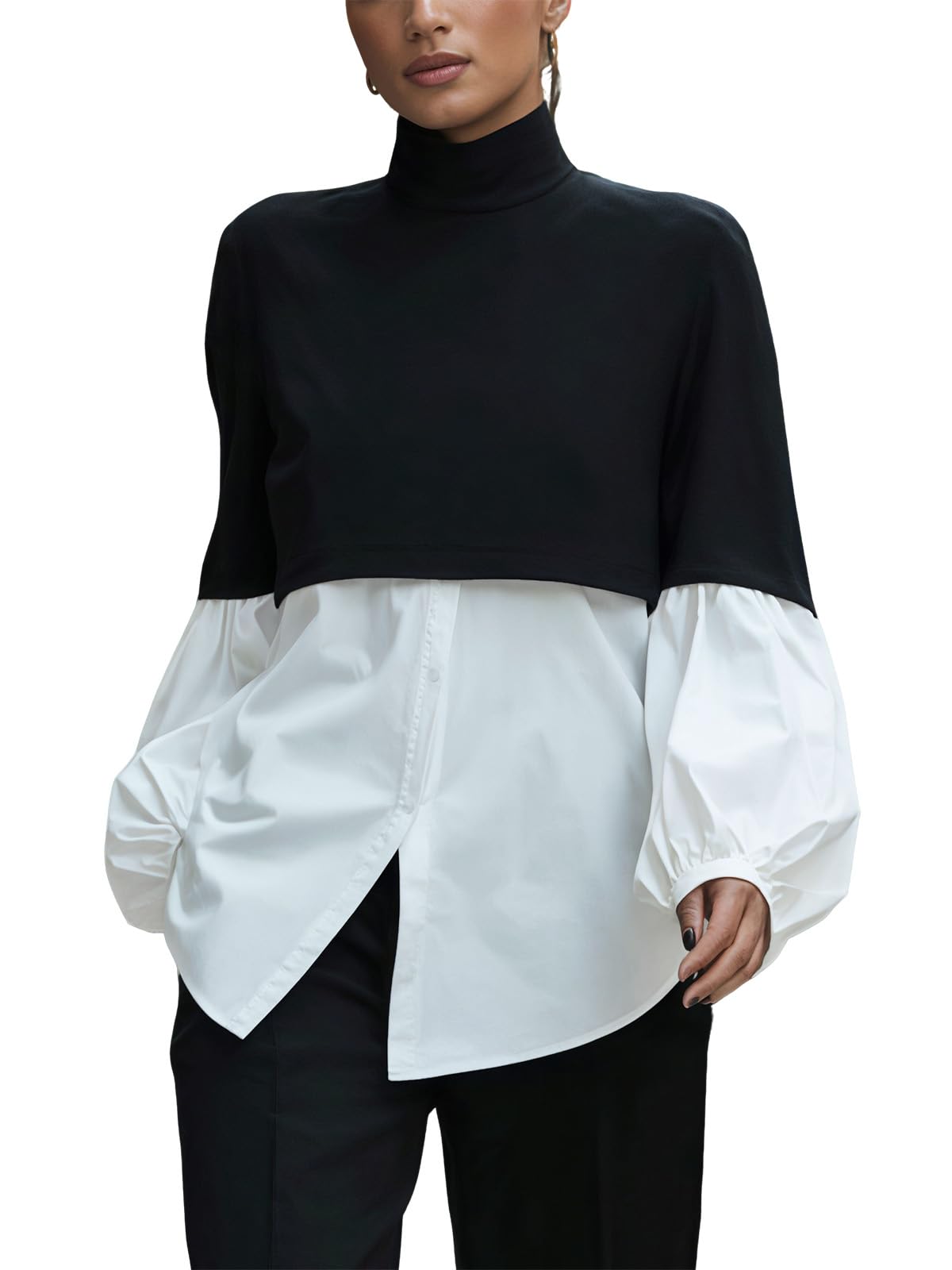 stylewe Womens Mock Turtleneck 2 in 1 Layered Look Long Sleeve Patchwork Casual Pullover Blouse