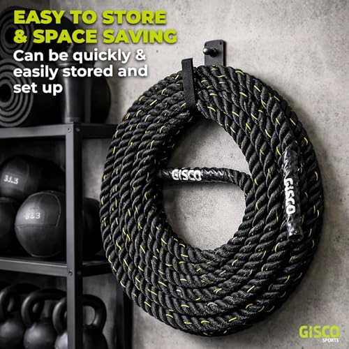 Image of GISCO Professional Polyester Battle Rope All Weather Heavy Duty1.5 inch Thick (40 Feet /12 Meter) | Wear Resistant Battle Rope for Crossfit Workout, Home Workout, Training, Exercise & Gym