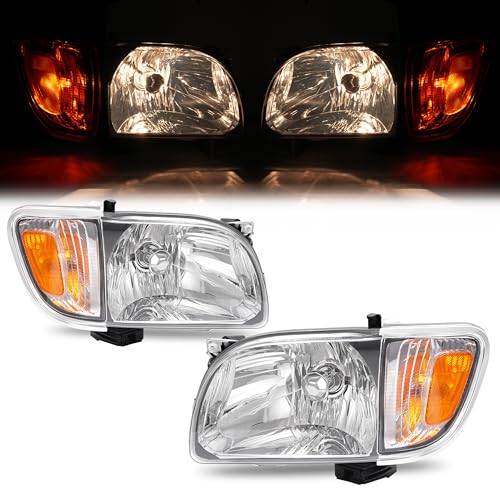 HECASA Headlight & Corner Light w/Bulbs Compatible with 2001-2004 Toyota Tacoma Replacement for TO2503136 TO2502136 Halogen Front Headlamp Bumper Head Lights Clear Lens Black Housing Clear Trim LH&RH
