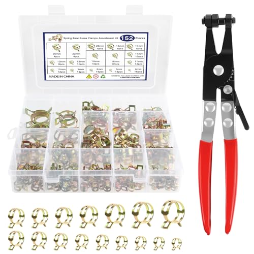 152Pcs 6-25mm Spring Band Hose Clamps Assortment Kit With Hose Clamp Pliers 16 Sizes Automotive Fuel Hose Clamp Constant Tension Clamps for Fuel Line Vacuum Hose Silicone Hose Low-Pressure Air Clips